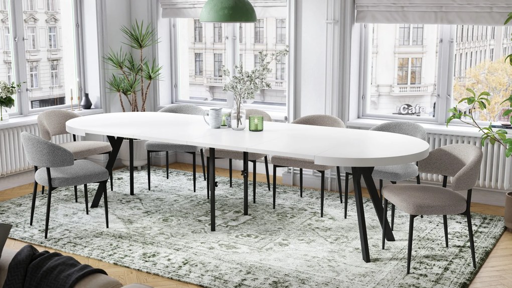 EXPANSO Biely mat / čierne nohy - VEĽKÝ OKRÚHLY STÔL Ø110 ROZKLADACÍ AŽ DO 310 cm S NOHAMI Y LOFTOVÝ / INDUSTRIÁLNY