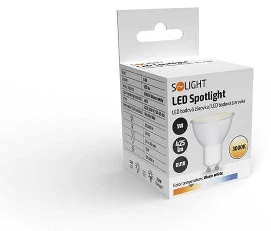 SOLIGHT LED žiarovka bodová PAR16 5W, GU10, 3000K, 425lm, teplá biela