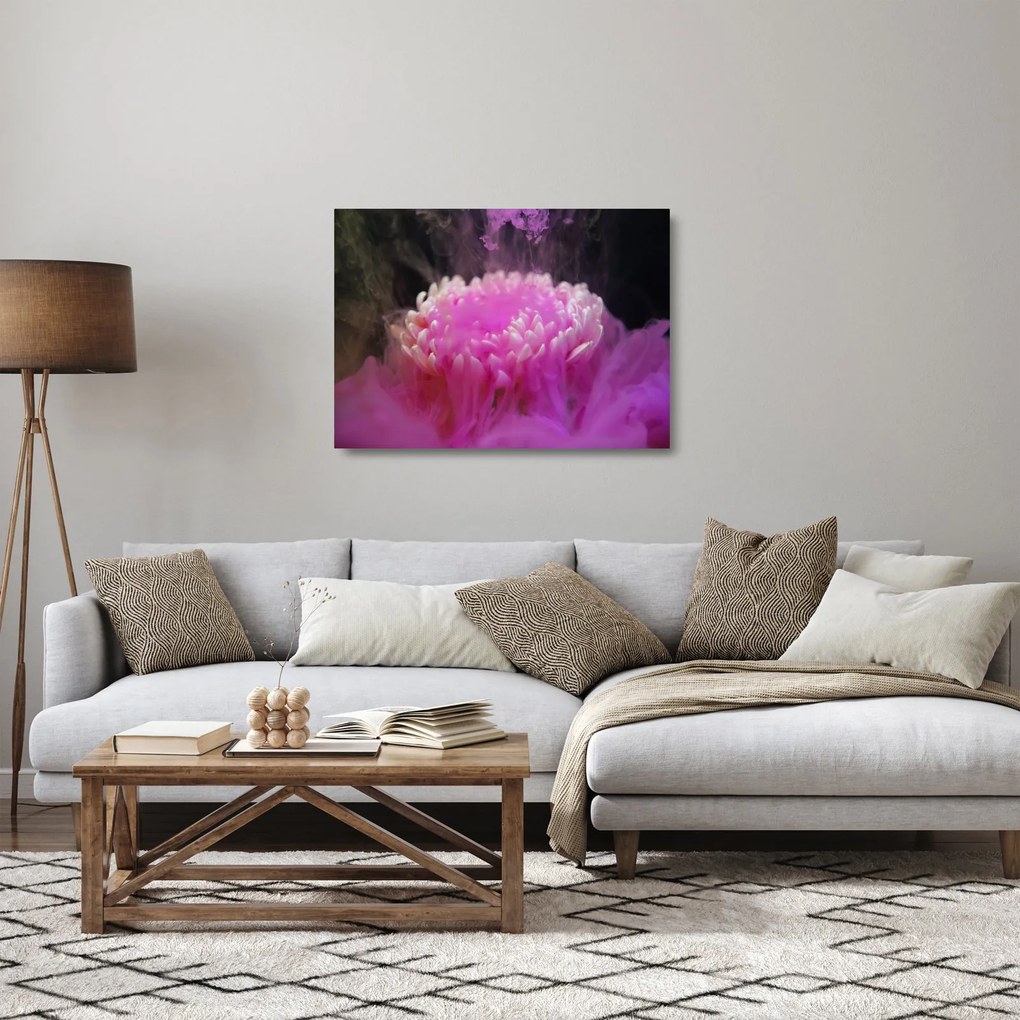 Sklenený obraz kvetiny v ružovom dyme (70x50 cm)