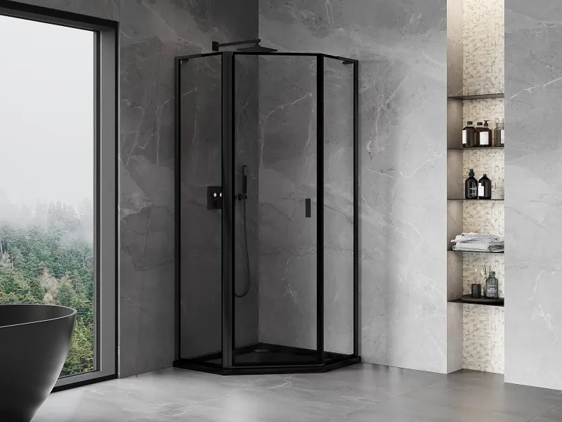 Mexen Mist L, päťuholníkový sprchový kút s krídlovými dverami, 80 x 80 cm, 8mm číre sklo, čierny profil, 8A8L-080-080-70-70-L