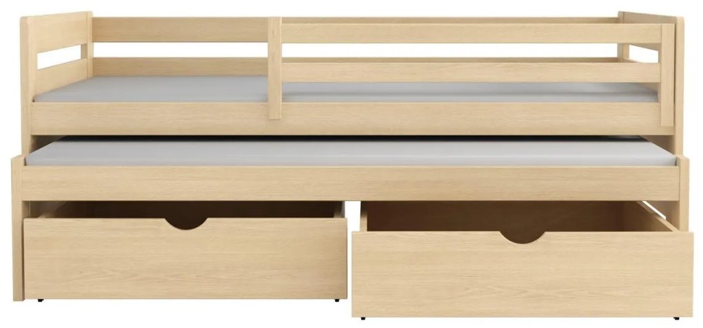Detská posteľ z masívu borovice JOLANA s prístelkou a šuplíkmi - 200x90 cm - PRÍRODNÁ BOROVICA