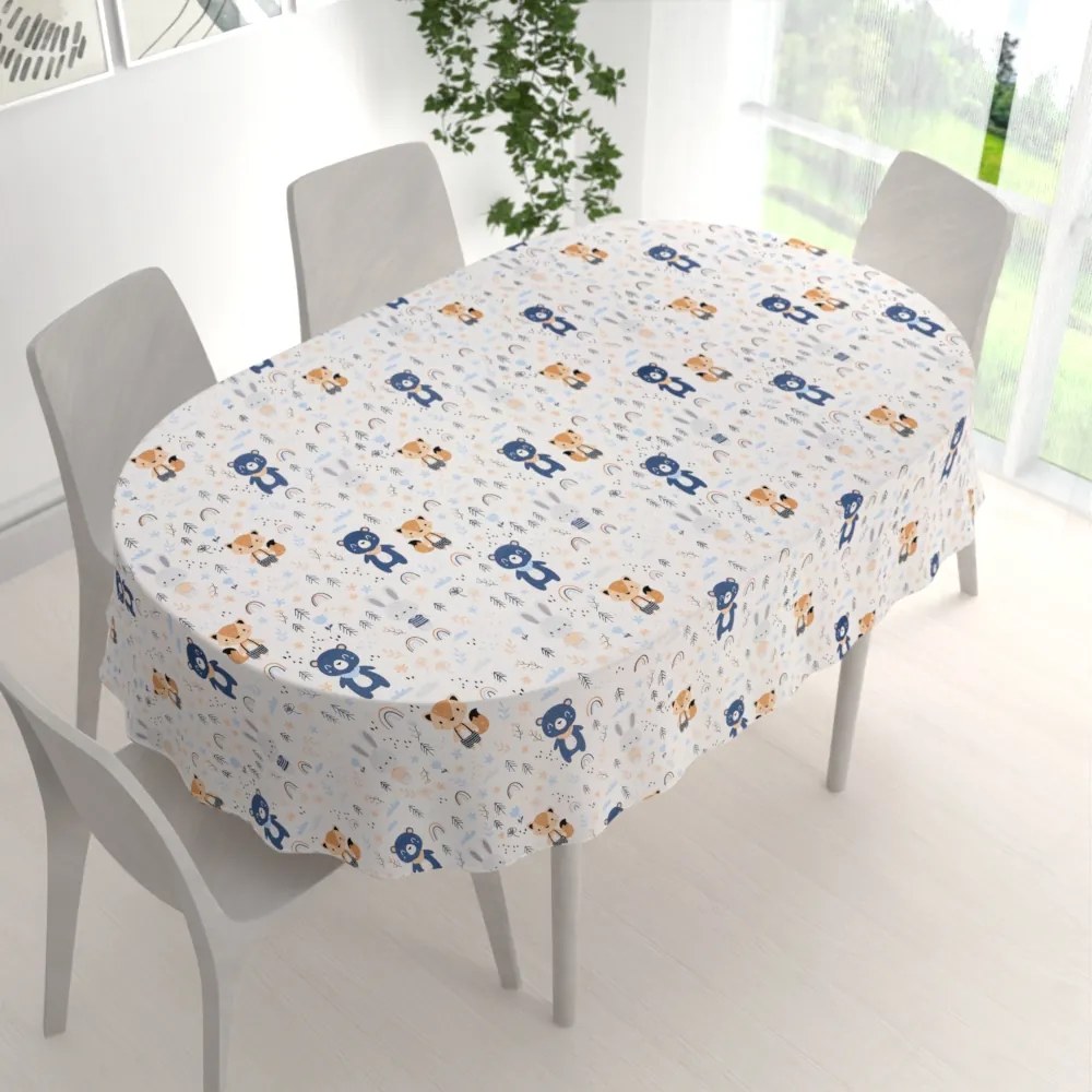 Biante Detský bavlnený oválny obrus Sandra SA-595 Modro-béžové lesné zvieratká na bielom 120x140 cm