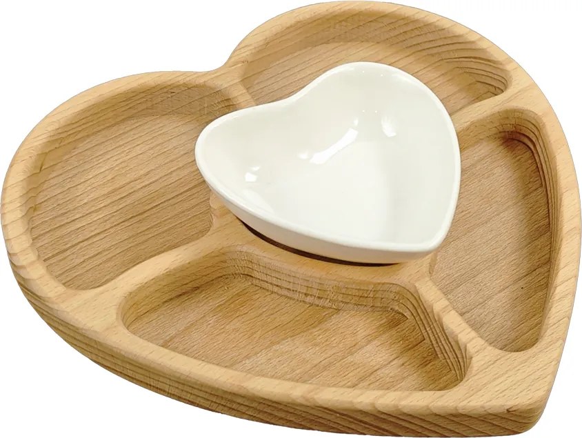 AMADEA Drevená miska srdce delená s mištičkou, masívne drevo, 20 cm