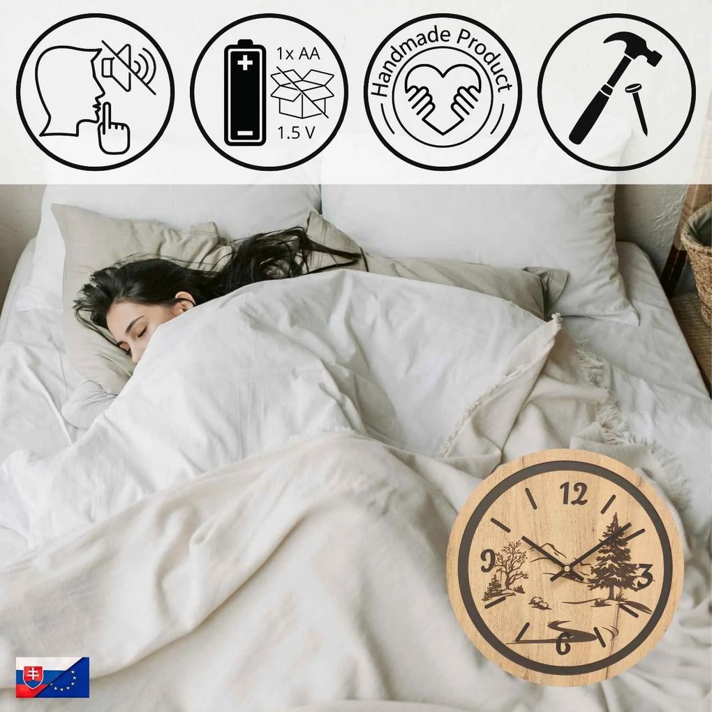Hodiny na stenu do obývačky - Príroda a les | GRUN: HDF - Javor 30 cm 4799-115371 HDF0609-čiene-ruky