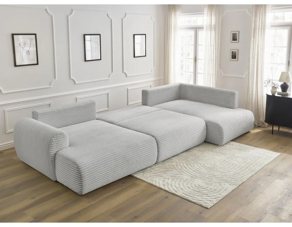 Svetlosivá menčestrová rozkladacia/s úložným priestorom rohová pohovka (pravý roh/do tvaru "U") Lucien – Bobochic Paris