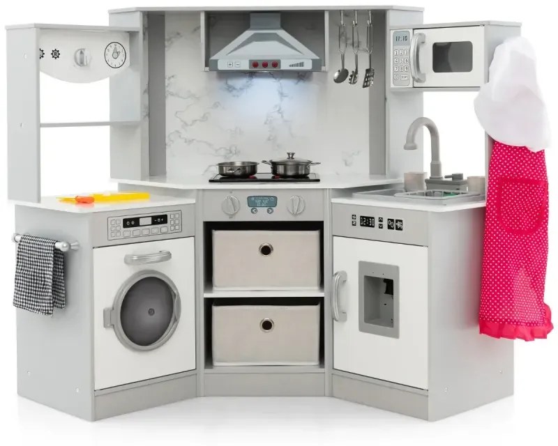 Drevená detská kuchynka so svetlom a zvukom a dávkovačom vody a práčkou a príslušenstvom Hracia kuchynka