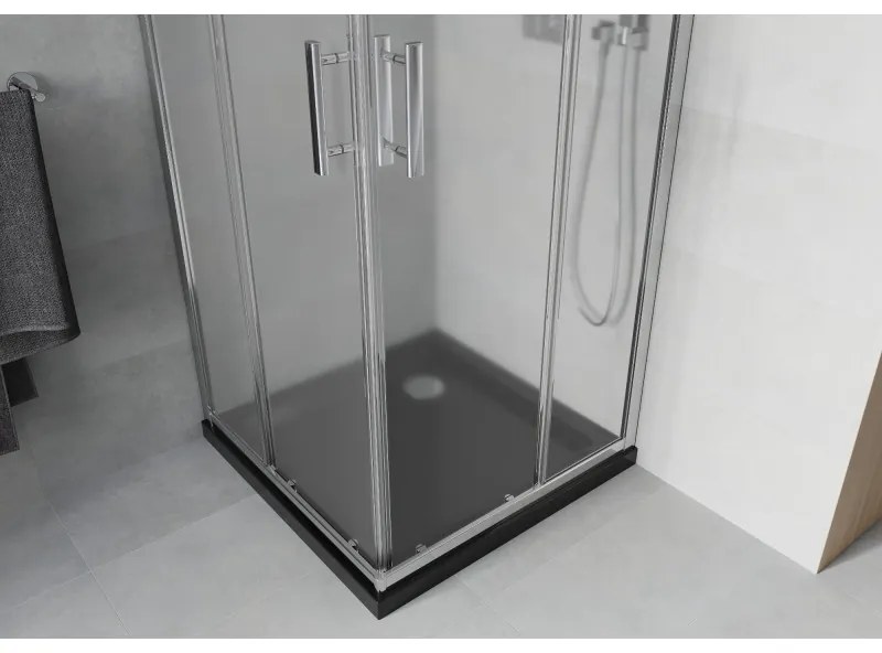 Mexen Rio, štvorcový sprchovací kút s posuvnými dverami 70(dvere) x 70(dvere) x 190 cm, 6mm sklo námraza, chrómový profil + čierna sprchová vanička SLIM, 860-070-070-01-30-4070