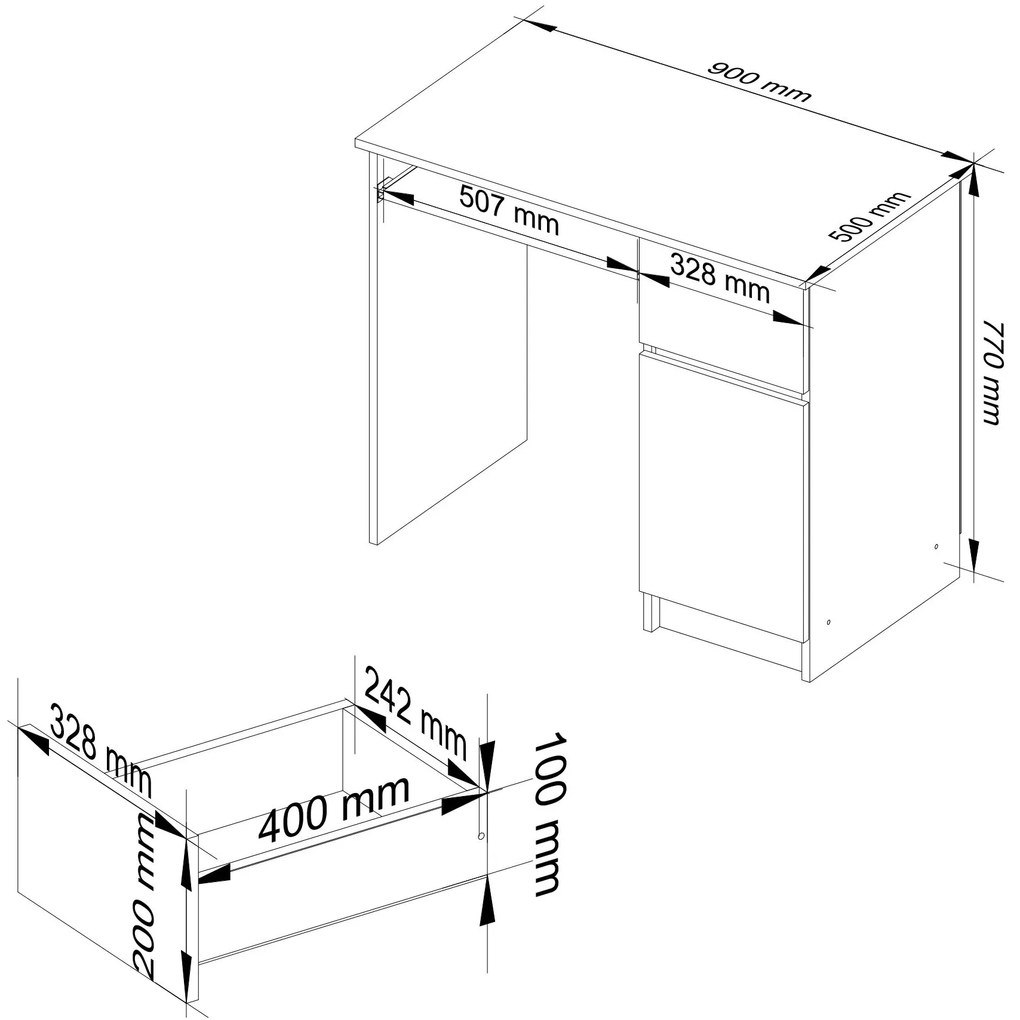 Psací stůl PIKSEL 90 cm grafitově šedý/dub artisan pravý