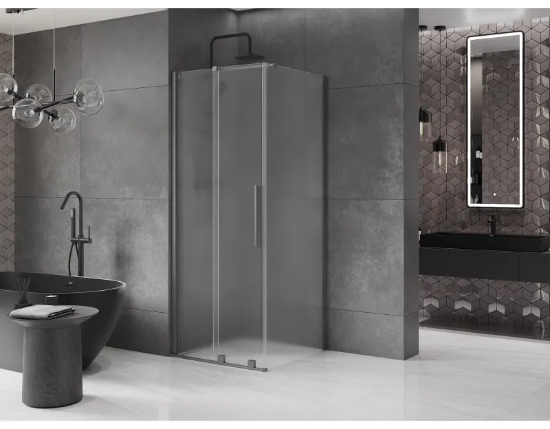 Mexen Velar, sprchový kút s posuvnými dverami 90 x 90 cm, 8mm sklo námraza, grafit brúsený, 871-090-090-31-66