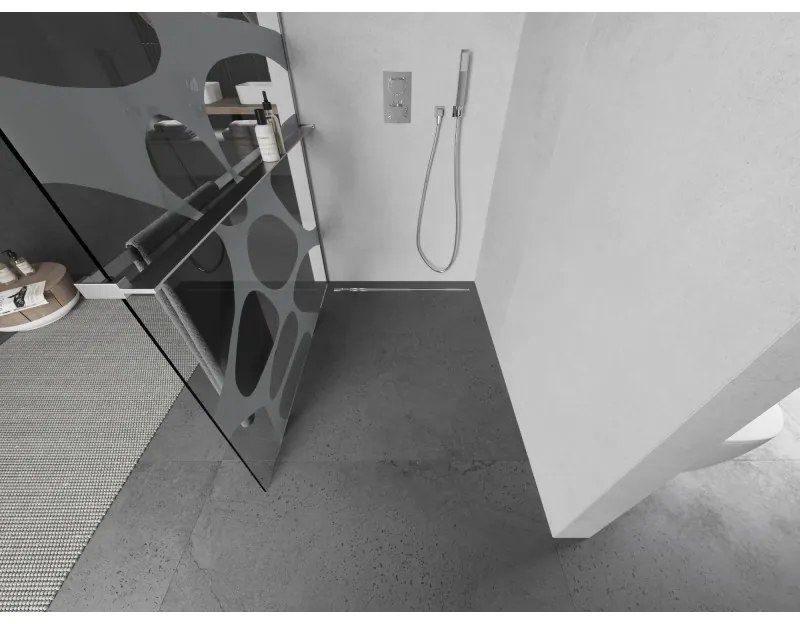 Mexen Kioto+ L, sprchová zástena Walk-In s poličkou a vešiakom 110 x 200 cm, 8mm číre sklo biely vzor, chrómový profil, 800-110-123-01-97
