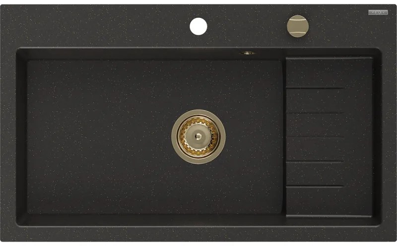 Mexen Omar, 1-komorový granitový drez 800x480x210 mm, čierna-zlatá metalíza, zlatý sifón, 6520801005-75-G