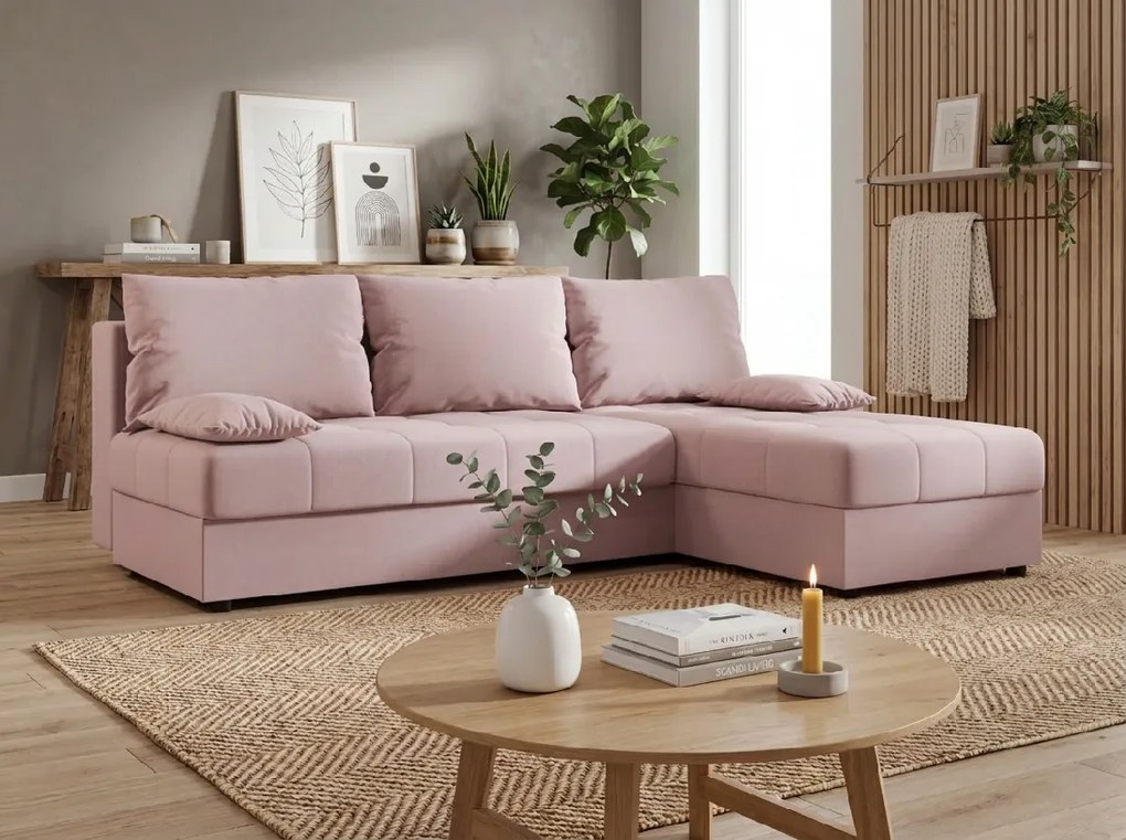 Rozkladacia obojstranná sedacia súprava do L VENORIA SLIM 200x143 cm, púdrovo ružová + 2 vankúšiky ZDARMA