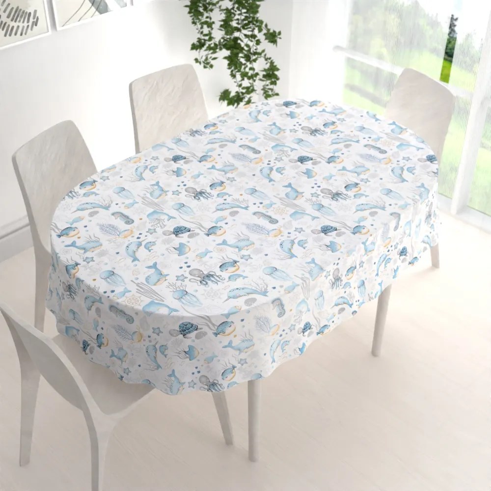 Biante Detský bavlnený oválny obrus Sandra SA-442 Morský svet modrý na bielom 60x100 cm