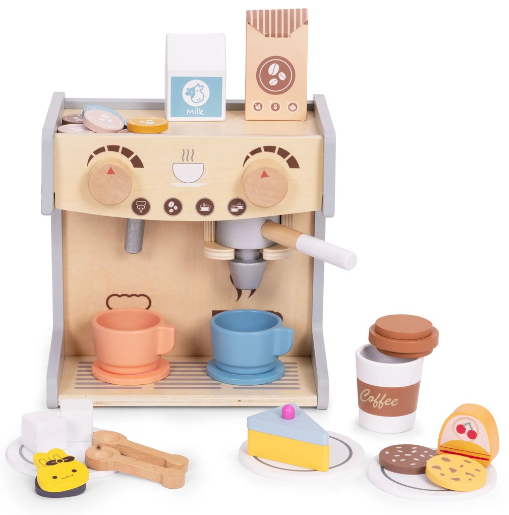 Drevený kávovar pre deti 2 v 1, 26 príslušenstva, ECOTOYS
