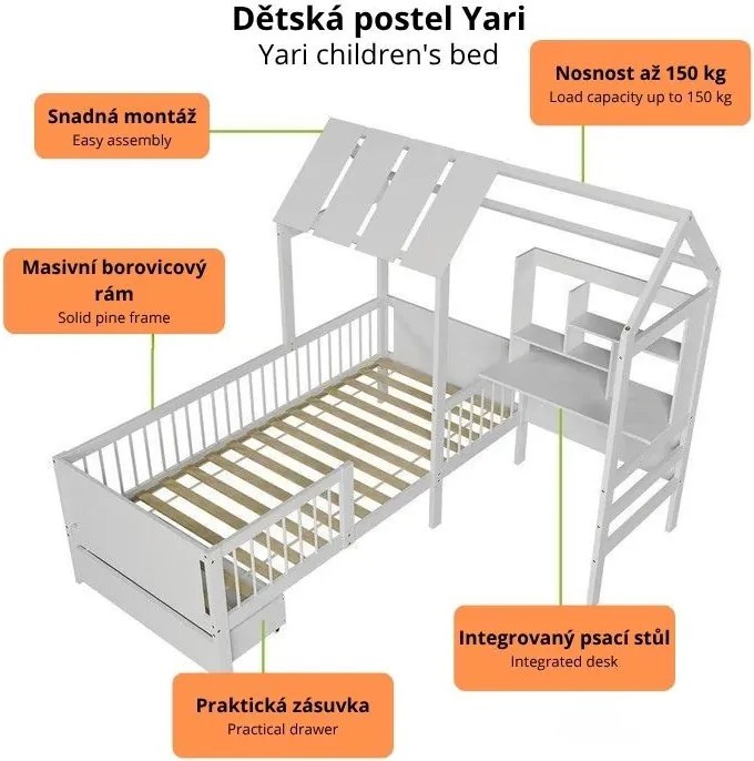 Biela detská posteľ domček s úložným priestorom a stolom
