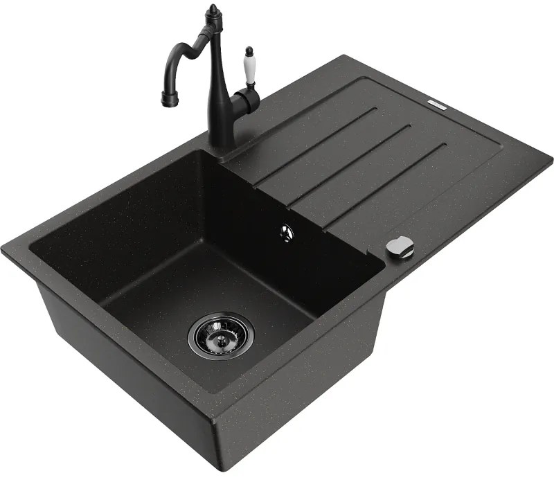Mexen Bruno, granitový drez 795x495x200 mm, 1-komorový a drezová batéria Carla, čierna-zlatá metalíza, 6513-75-670700-70-B