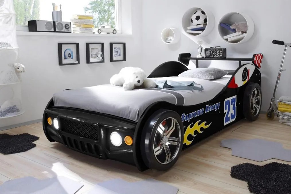 Detská závodná posteľ Energy 90x200 cm, čierne auto s osvetlením