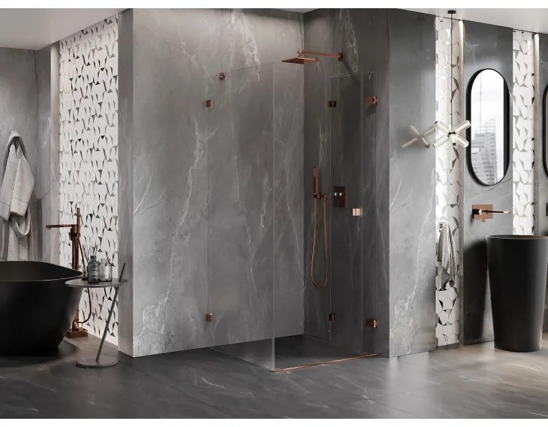 Mexen Lunar-F, 1-krídlový sprchový kút so skladacími dverami, pravý, 90 x 90 cm, 8mm číre sklo, ružové zlato profil, 836-090-090-60-00-P