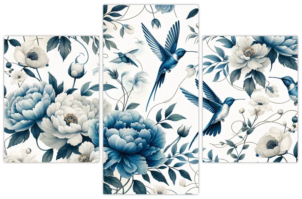 Obraz - Kolibríky s kvetmi (90x60 cm)