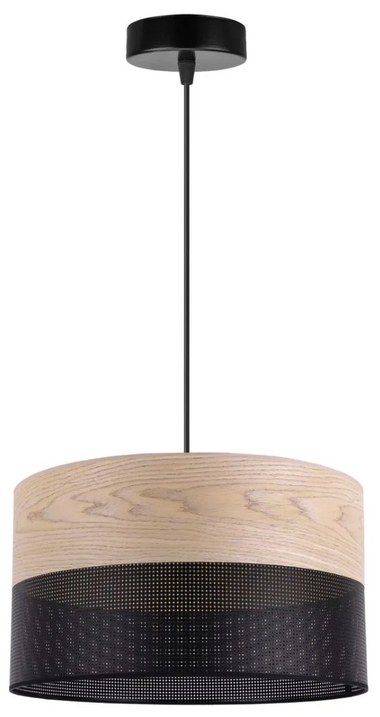Závesné svietidlo Wood, 1x béžová dubová dýha/čierne PVC tienidlo, (fi 30cm)