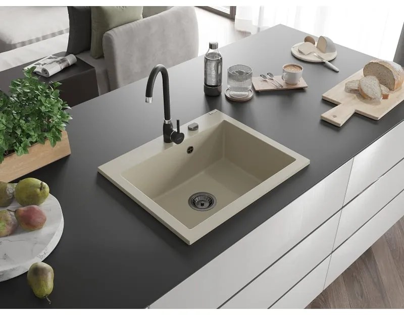 Mexen Elix, 1-korový granitový drez 600 x 500 mm, béžová, čierny sifón, 6525601005-69-B