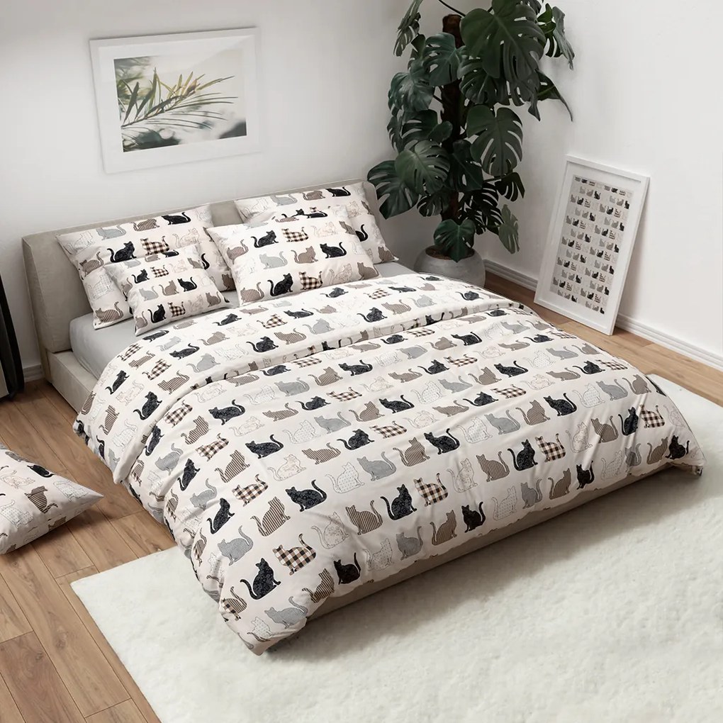 Obliečky z Renforcé bavlny PATTERNED CATS béžové Rozmer obliečky: 2 ks 70 x 90 cm | 200 x 220 cm