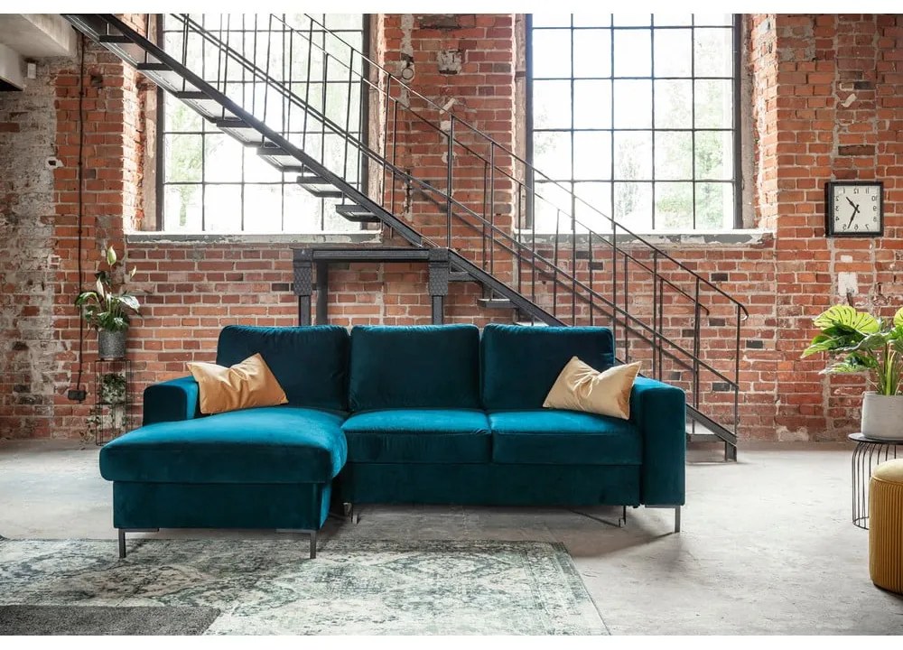 Zamatová rozkladacia rohová pohovka v petrolejovej farbe (ľavý roh) Lofty Lilly – Miuform