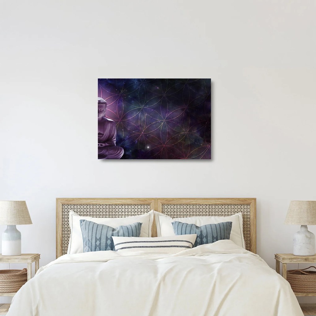 Sklenený obraz - Budha s kvetmi života (70x50 cm)
