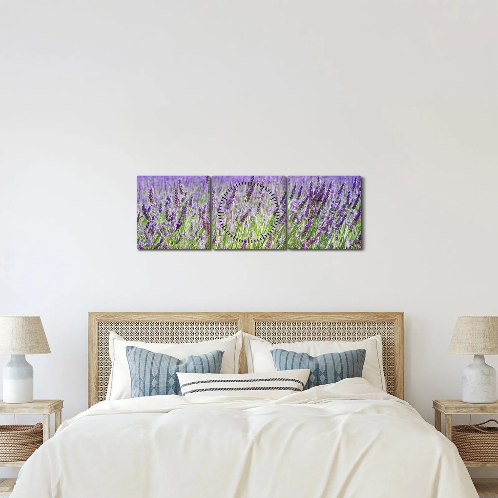 Obraz poľa s levanduľou (s hodinami) (90x30 cm)