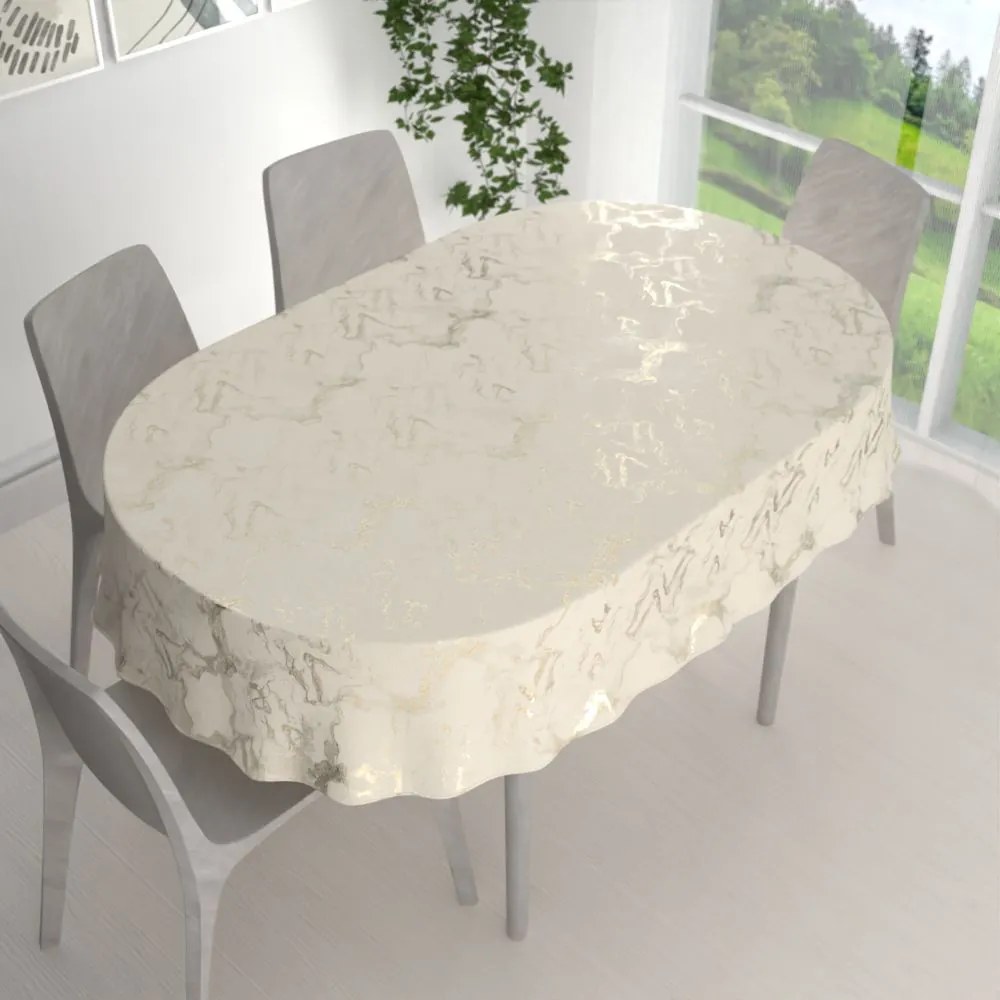 Biante Veľký zamatový oválny obrus Isabela IBL-017 Zlatý/dymový mramor na smotanovom 220x260 cm