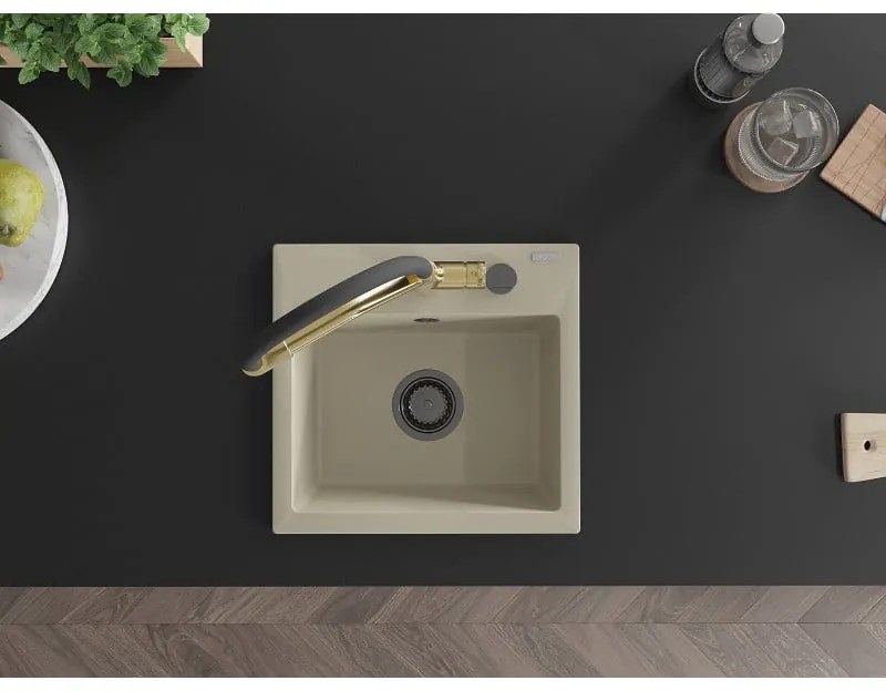 Mexen Milo, granitový drez 435x410x171 mm, 1-komorový a drezová batéria Duo, béžová, 6505-69-671701-57-B