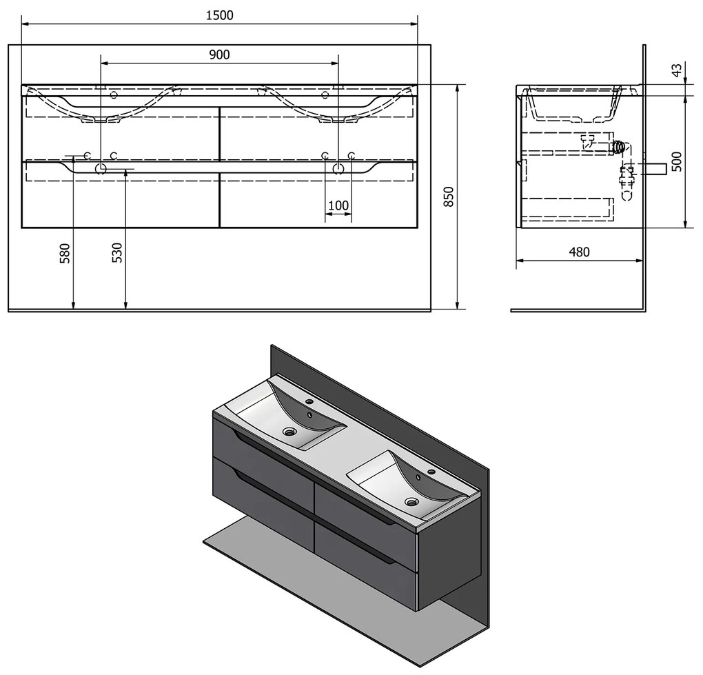 Sapho Sapho, WAVE dvojumývadlová skrinka 149,7x50x47,8cm, biela/dub cuneo, WA150-3025