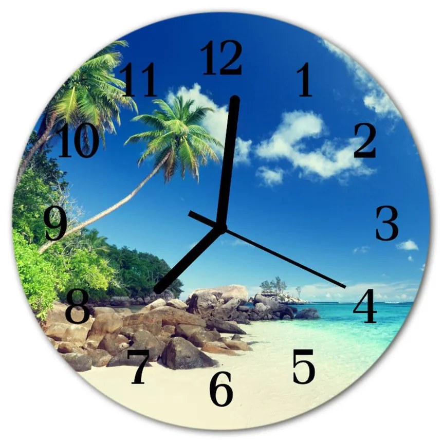 Nástenné sklenené hodiny Pláž s palmami fi 30 cm