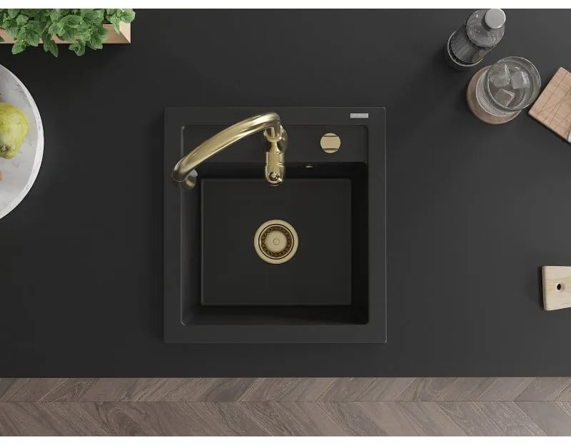 Mexen Vito, 1-komorový granitový drez 520x490x210 mm a drezová batéria Savita, čierna, 6503-77-672601-50