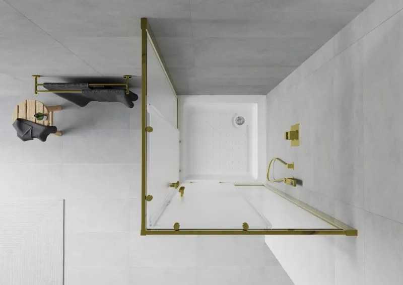 Mexen Rio, štvorcový sprchovací kút s posuvnými dverami 70(dvere) x 70(dvere) x 190 cm, 6mm sklo námraza, zlatý profil + biela sprchová vanička RIO, 860-070-070-50-30-4510
