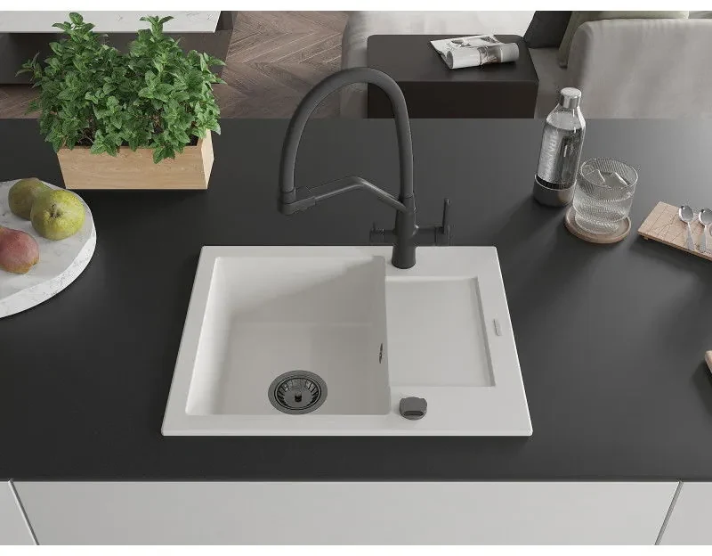 Mexen Enzo, granitový drez 576x465x174 mm, 1-komorový a drezová batéria Duo, biela, 6506-20-671701-70-B