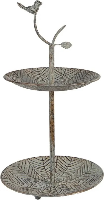 Zelenohnedý kovový dekoračný etažér s vtáčikmi Birdi - Ø 26*48 cm