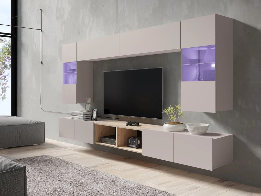 Obývacia stena Bralani XXIV, Farby: čierna + čierny lesk + dub artisan, Osvetlenie: osvetlenie LED biele
