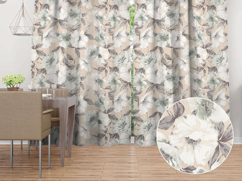 Biante Dekoračný záves Porto PRT-012 Zeleno-biele kvety na béžovom 130x200 cm