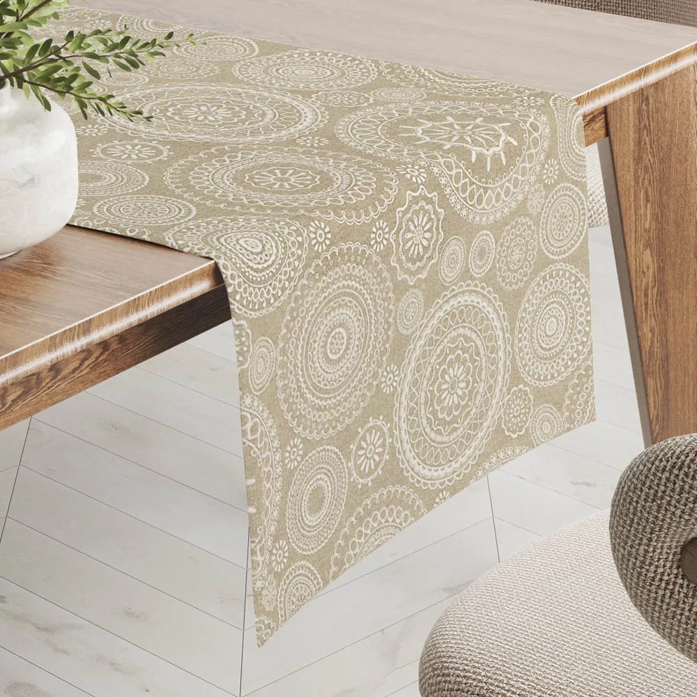 Biante Dekoračný behúň na stôl Leona LN-170 Biele mandaly na režnom 45x180 cm