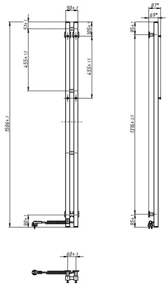 Elektrický sušák na uteráky s termostatom SILOUETTE 200W/230V 150,6cm IP44 čierny pravý