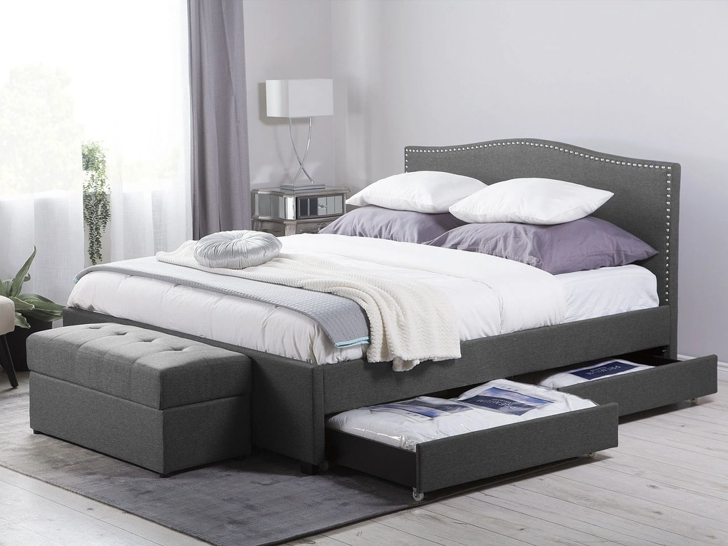 Čalúnená posteľ s úložným priestorom a bielym LED osvetlením 180 x 200 cm sivá MONTPELLIER Beliani