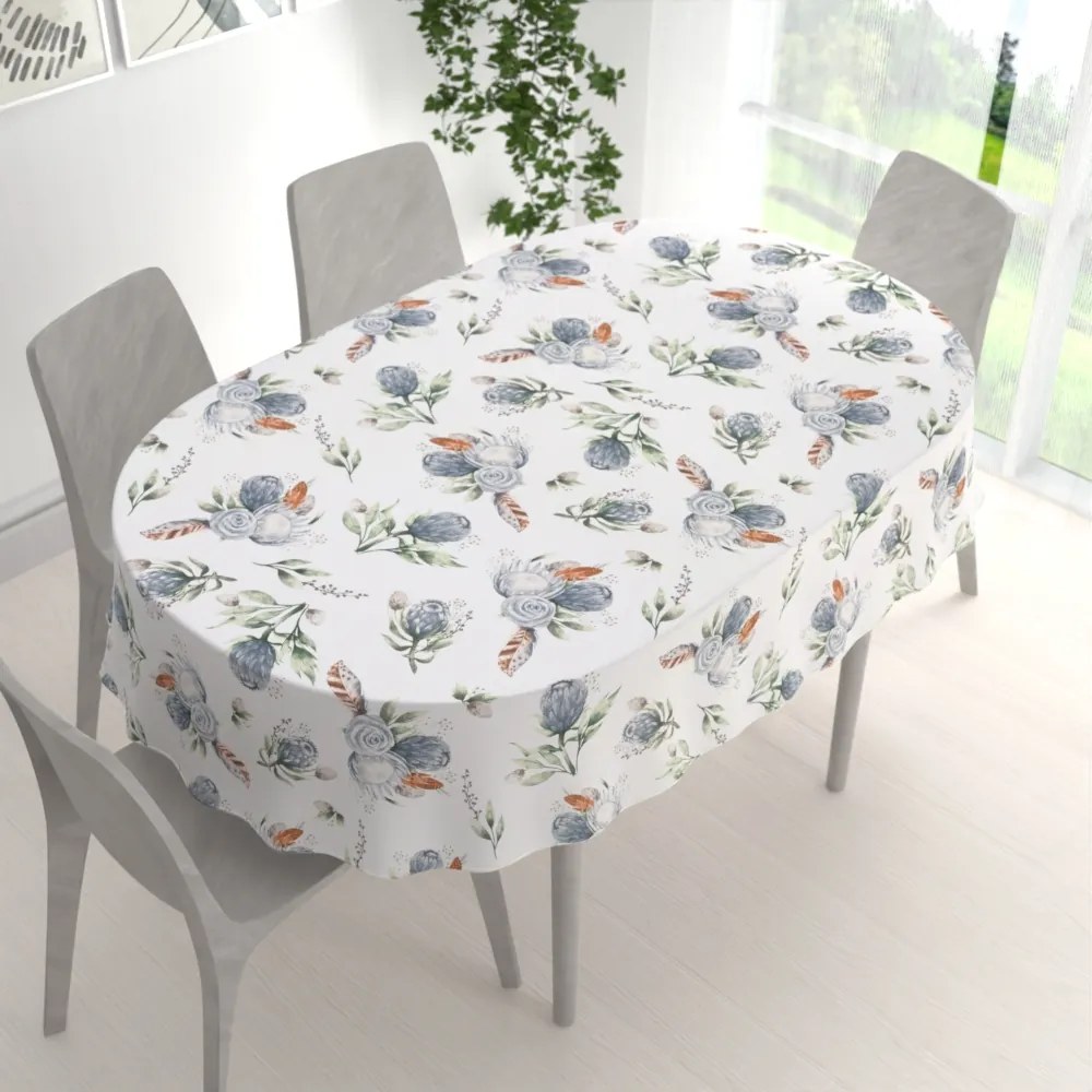 Biante Bavlnený oválny obrus Sandra SA-707 Modré kvety Protea na bielom 140x160 cm