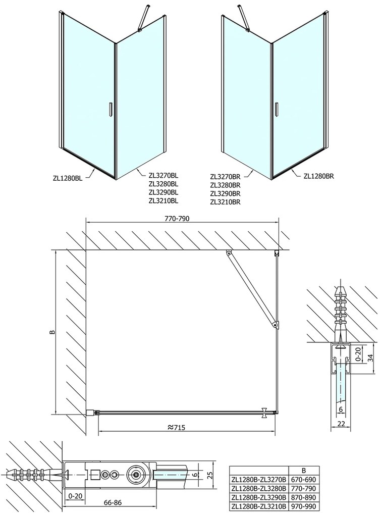 Polysan Polysan, Zoom Line Black obdĺžniková sprchová zástena 800x900mm L/P varianta, ZL1280BZL3290B