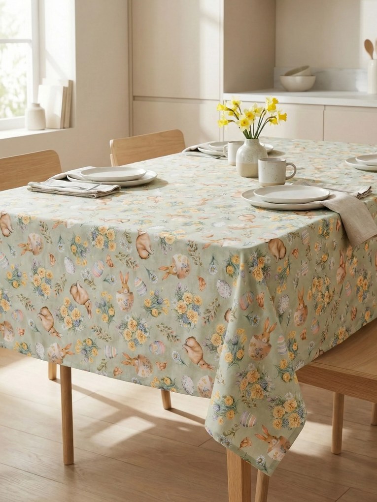 Veľkonočný hranatý obrus 120 x 160 cm - Zajačikovia zelený
