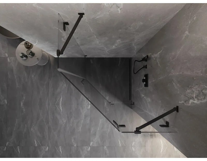 Mexen Lunar, pravý výklopný päťuholníkový sprchový kút 80 x 80 cm, 8mm číre sklo, čierny profil, 831-080P-080L-70-00-P