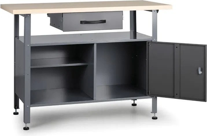 Pracovný stôl do dielne G1, 840 x 1200 x 600 mm, 1 skrinka, 2 police