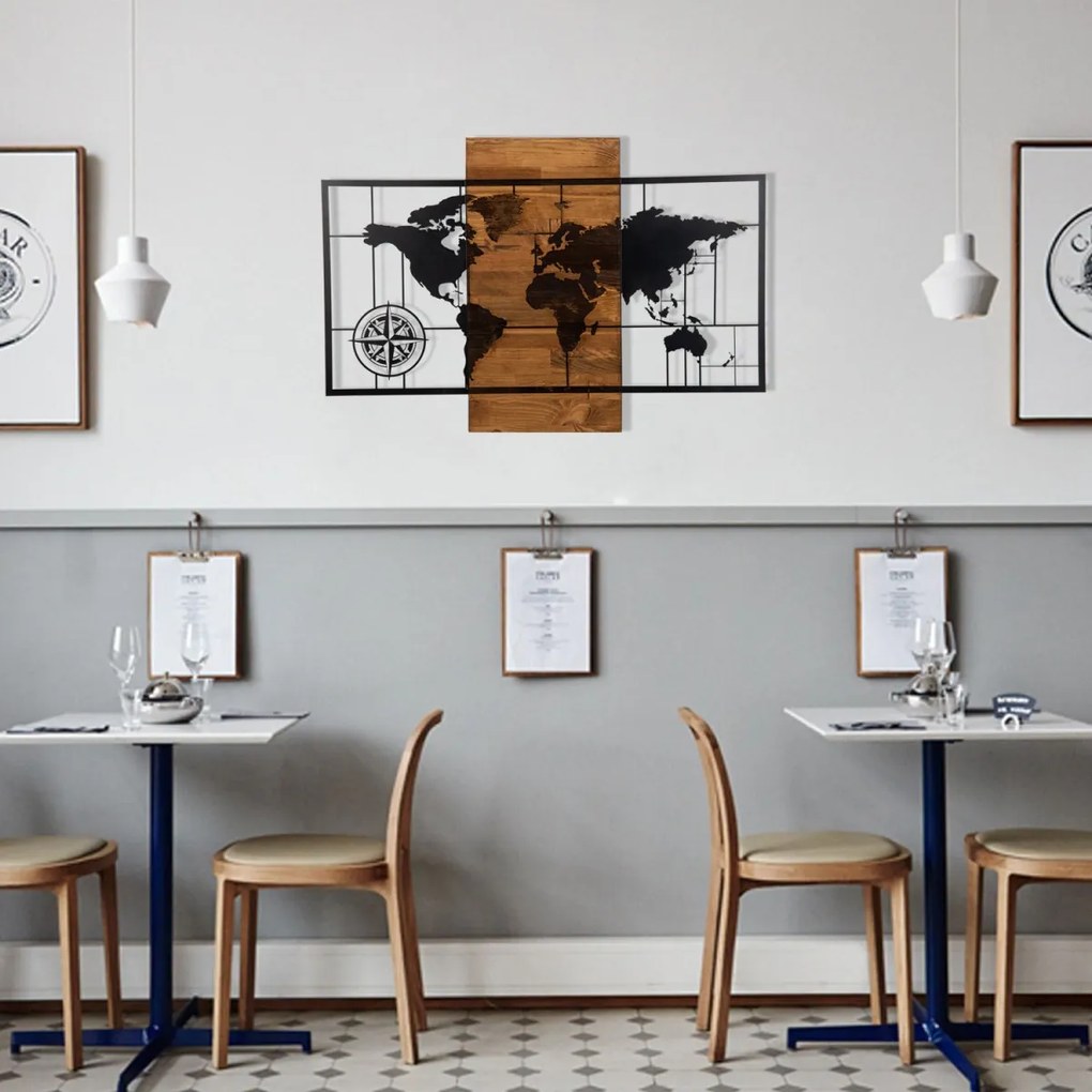 Nástenná drevená dekorácia SVETOVÁ MAPA II hnedá/čierna