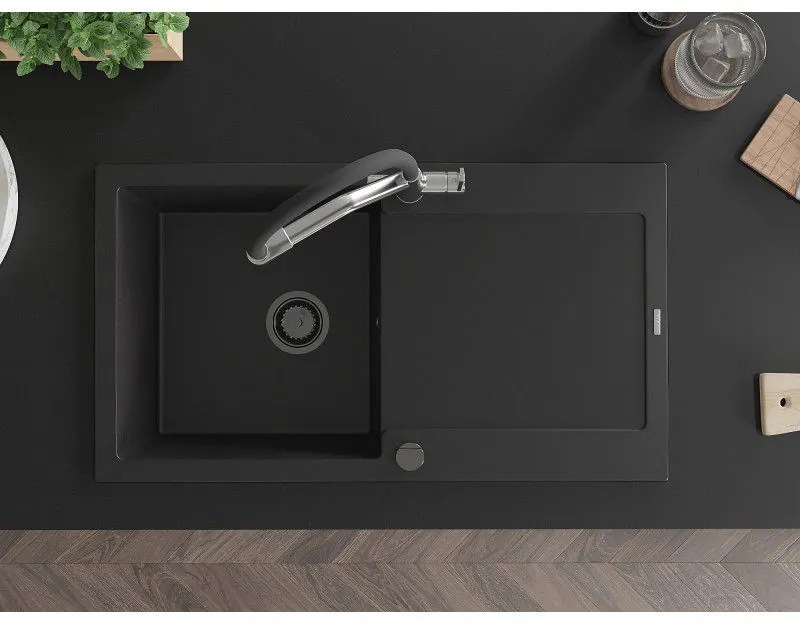 Mexen Leo, 1-komorový granitový drez 900x500x190 mm a drezová batéria Duo, čierna, 6501-77-671701-07-B
