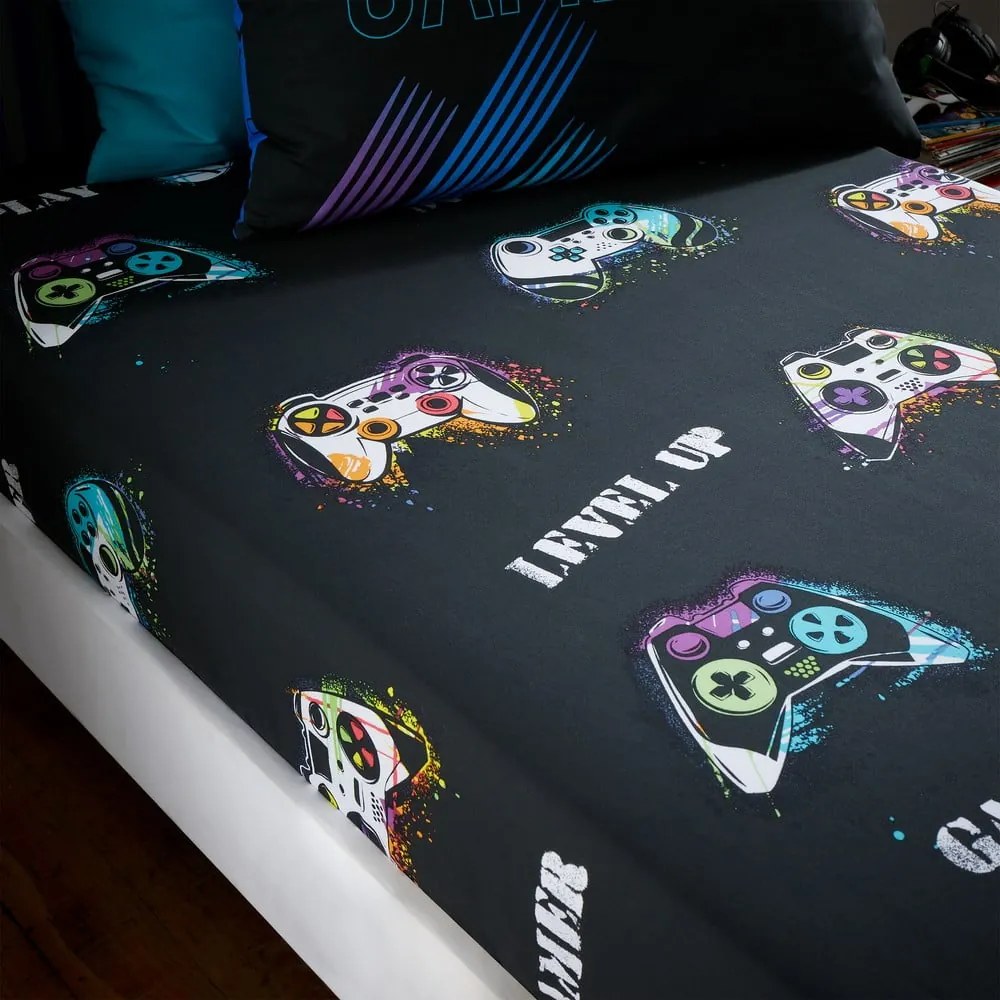 Čierna napínacia detská plachta na jednolôžko 90x190 cm Game Over – Catherine Lansfield